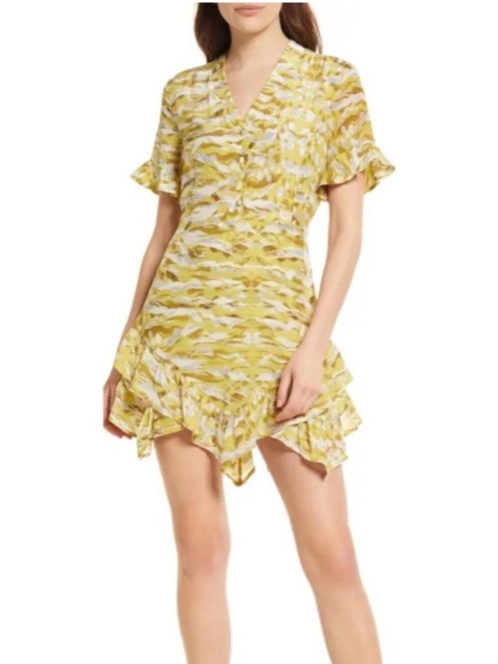 All Saints Frankie Oniyuri Graphic Print Frilled Mini Dress US Sz 2 Yellow